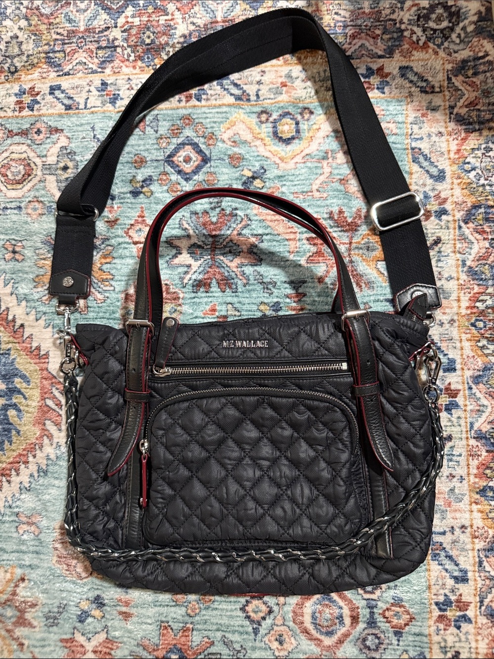 MZ Wallace Black Quilted Crossbody with Silver Hardware